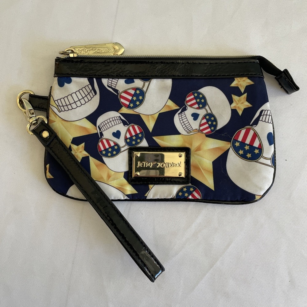 Betsey Johnson Skull‎ Star Americana Flag Wristlet Wallet Purse Retro Gold
